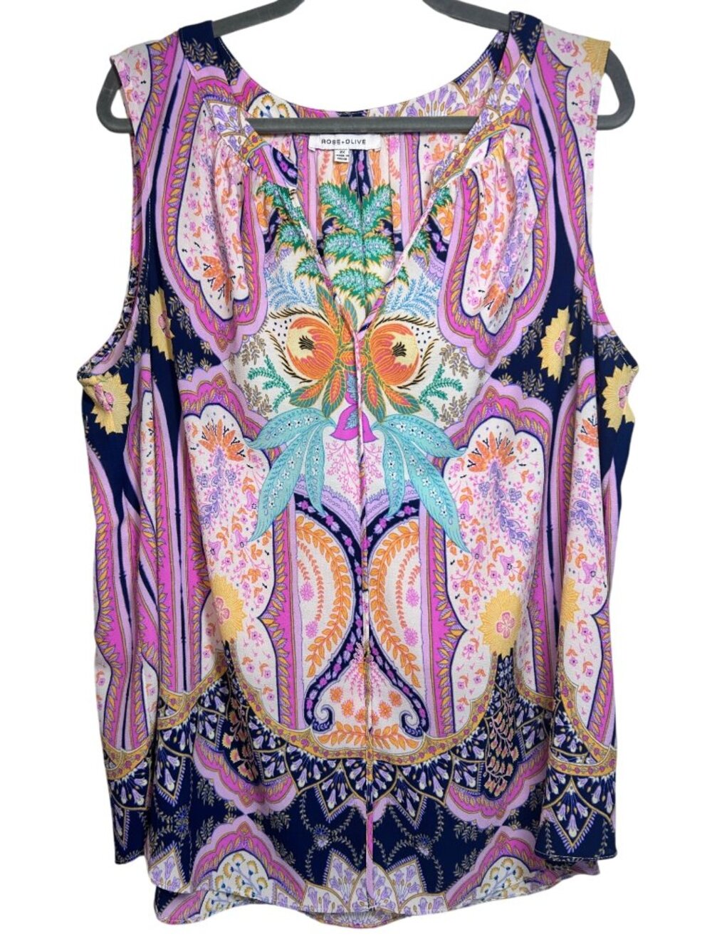 Rose + Olive Womens Sleeveless Boho Paisley Print Blouse Top 2X Multicolor